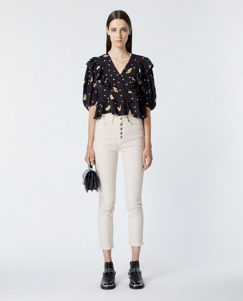 THE KOOPLES - Áo croptop nữ cổ V tay lỡ phối bèo Butterfly Motif