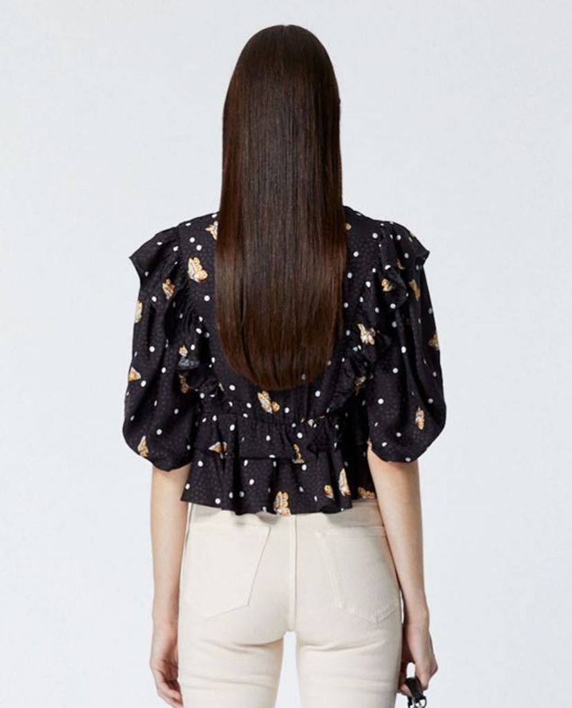 THE KOOPLES - Áo croptop nữ cổ V tay lỡ phối bèo Butterfly Motif