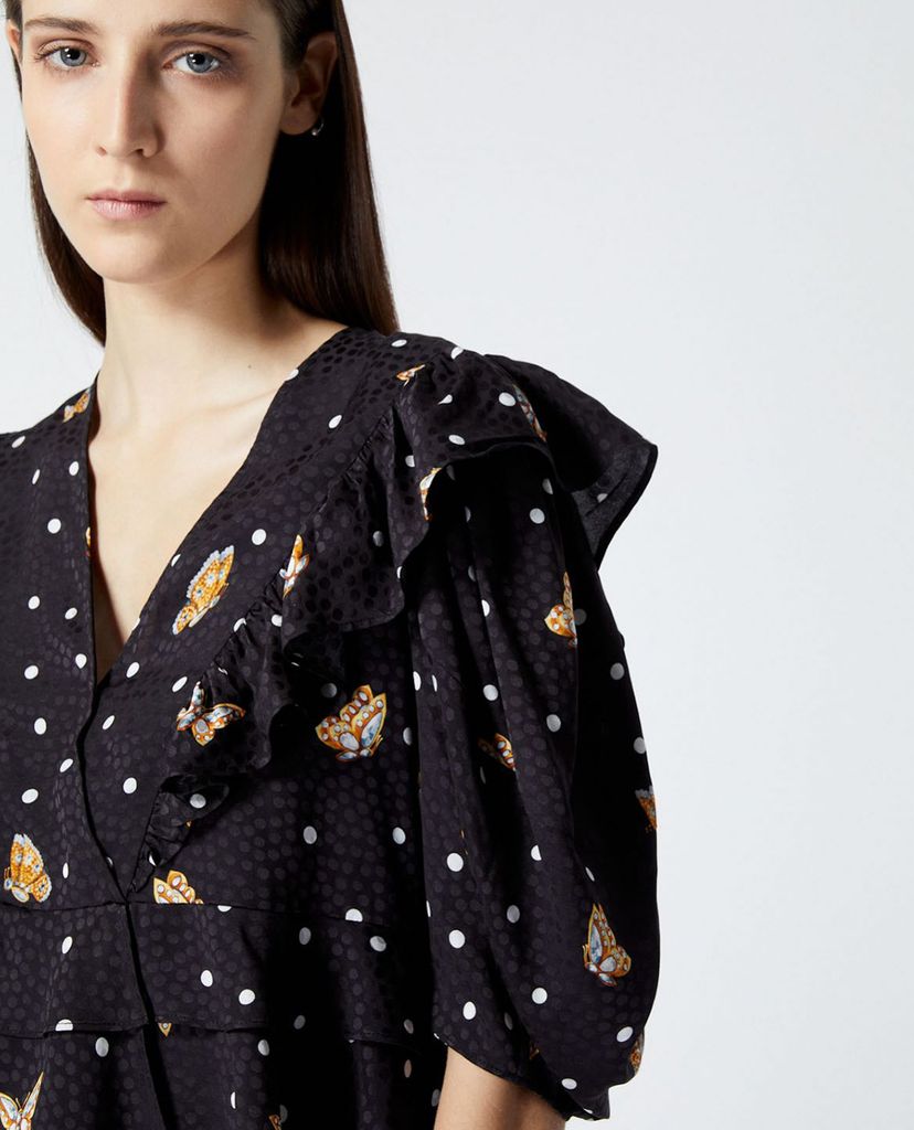 THE KOOPLES - Áo croptop nữ cổ V tay lỡ phối bèo Butterfly Motif