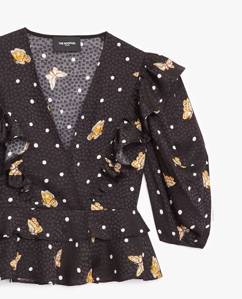 THE KOOPLES - Áo croptop nữ cổ V tay lỡ phối bèo Butterfly Motif