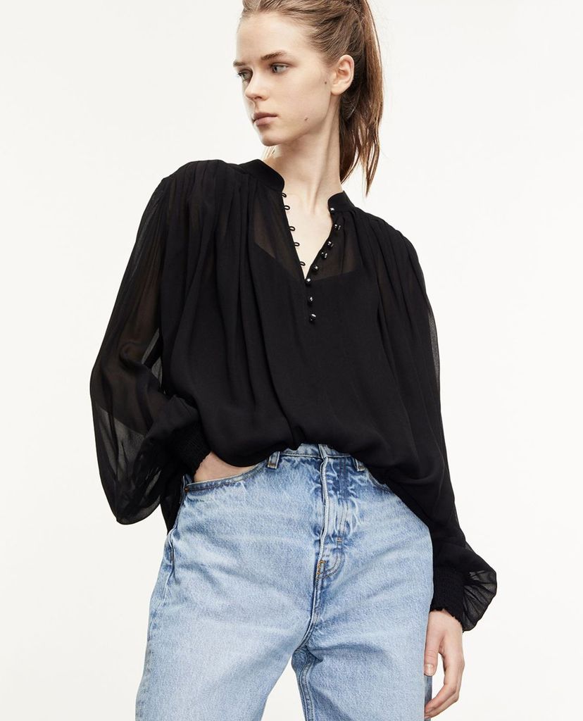 THE KOOPLES - Áo sơ mi nữ tay dài cổ V Flowing Semi Transparent Black Top