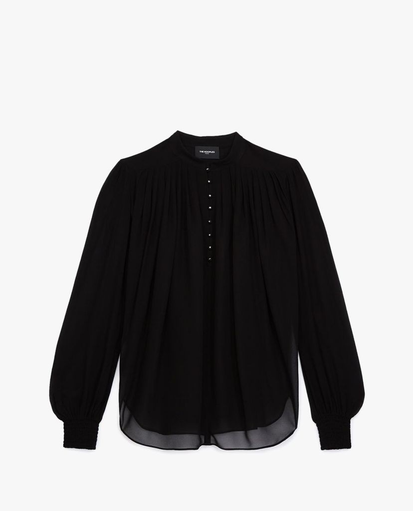 THE KOOPLES - Áo sơ mi nữ tay dài cổ V Flowing Semi Transparent Black Top