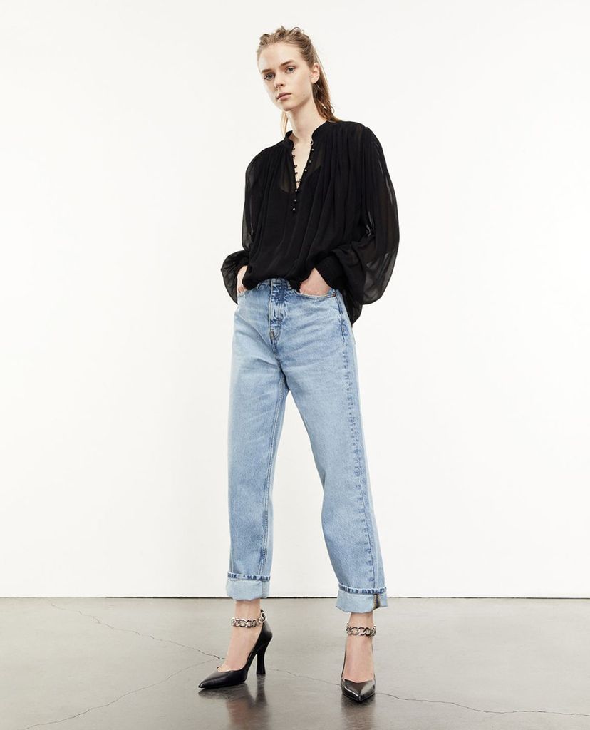 THE KOOPLES - Áo sơ mi nữ tay dài cổ V Flowing Semi Transparent Black Top