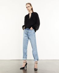 THE KOOPLES - Áo sơ mi nữ tay dài cổ V Flowing Semi Transparent Black Top
