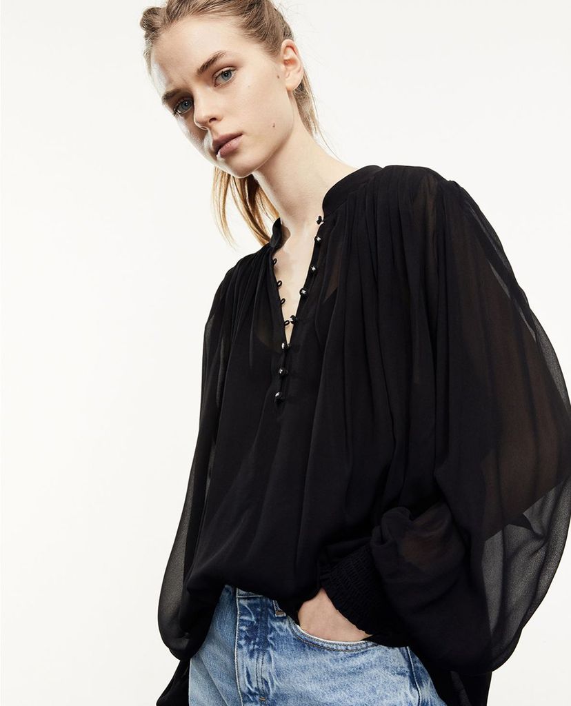 THE KOOPLES - Áo sơ mi nữ tay dài cổ V Flowing Semi Transparent Black Top