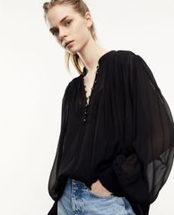 THE KOOPLES - Áo sơ mi nữ tay dài cổ V Flowing Semi Transparent Black Top