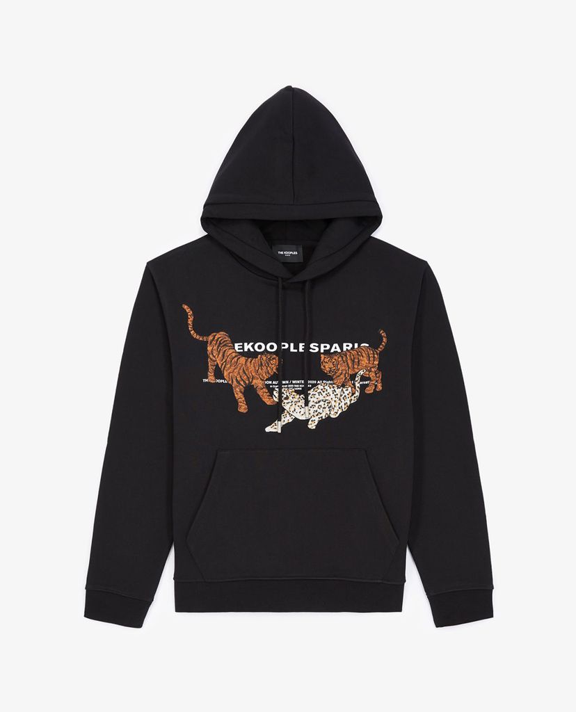 THE KOOPLES - Áo hoodie nam tay dài phối mũ Tiger Embroidery