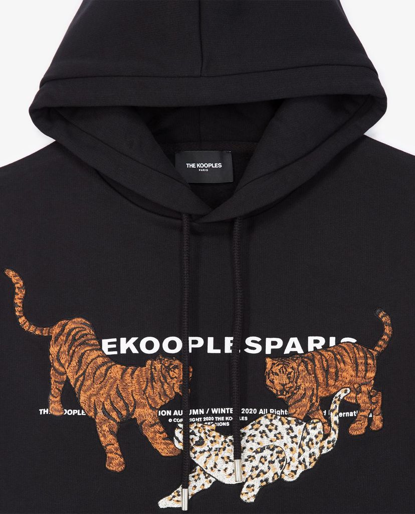THE KOOPLES - Áo hoodie nam tay dài phối mũ Tiger Embroidery