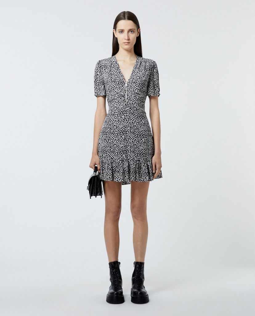 THE KOOPLES - Đầm mini cổ V tay ngắn phối zip Giraffe Print