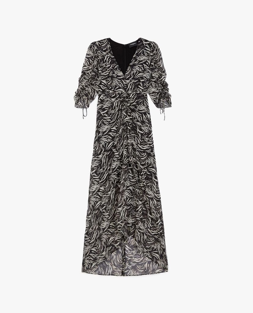 THE KOOPLES - Đầm midi cổ V rút dây Zebra Print