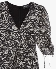 THE KOOPLES - Đầm midi cổ V rút dây Zebra Print