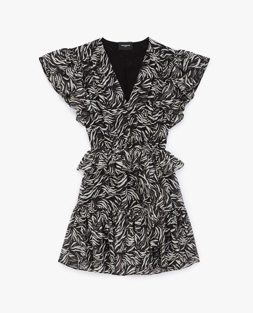 THE KOOPLES - Đầm mini cổ V phom xòe Zebra Print
