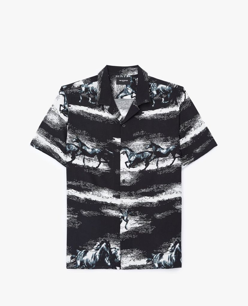 THE KOOPLES - Áo sơ mi nam tay ngắn phom suông Black Regular Fit Printed