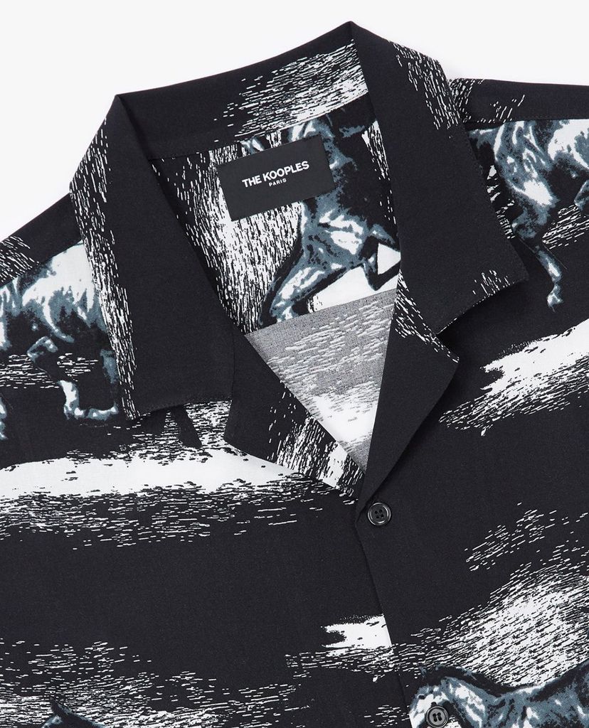 THE KOOPLES - Áo sơ mi nam tay ngắn phom suông Black Regular Fit Printed