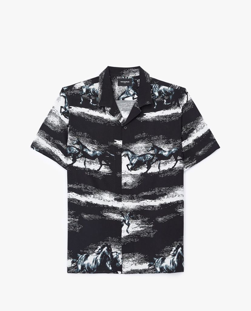 THE KOOPLES - Áo sơ mi nam tay ngắn phom suông Black Regular Fit Printed