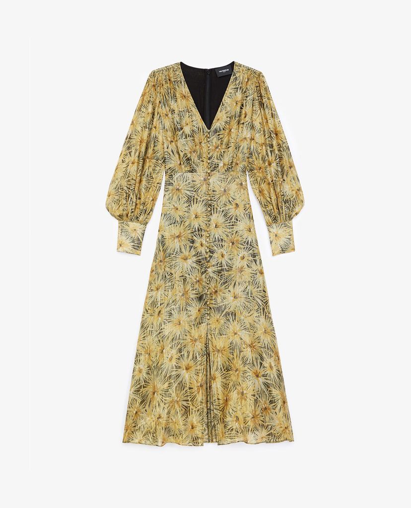 THE KOOPLES - Đầm midi cổ V tay dài phối họa tiết hoa thời trang