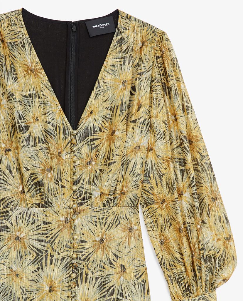 THE KOOPLES - Đầm midi cổ V tay dài phối họa tiết hoa thời trang