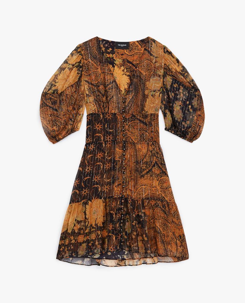 THE KOOPLES - Đầm mini cổ V tay ngắn Floral Ruffles