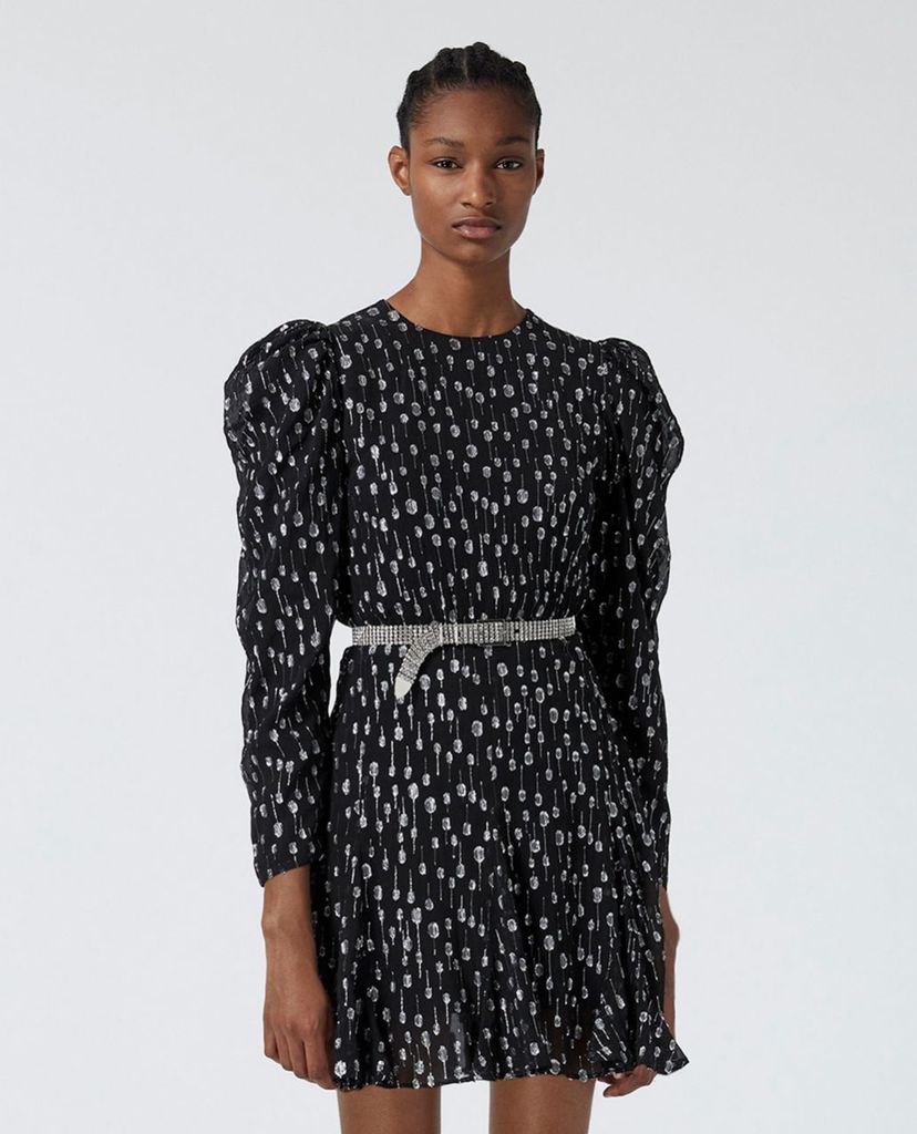 THE KOOPLES - Đầm mini cổ tròn tay dài phối thắt lưng bạc thời trang
