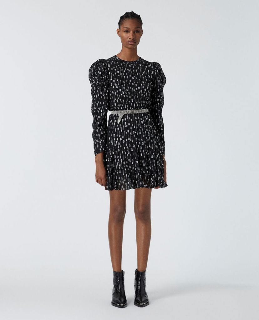 THE KOOPLES - Đầm mini cổ tròn tay dài phối thắt lưng bạc thời trang