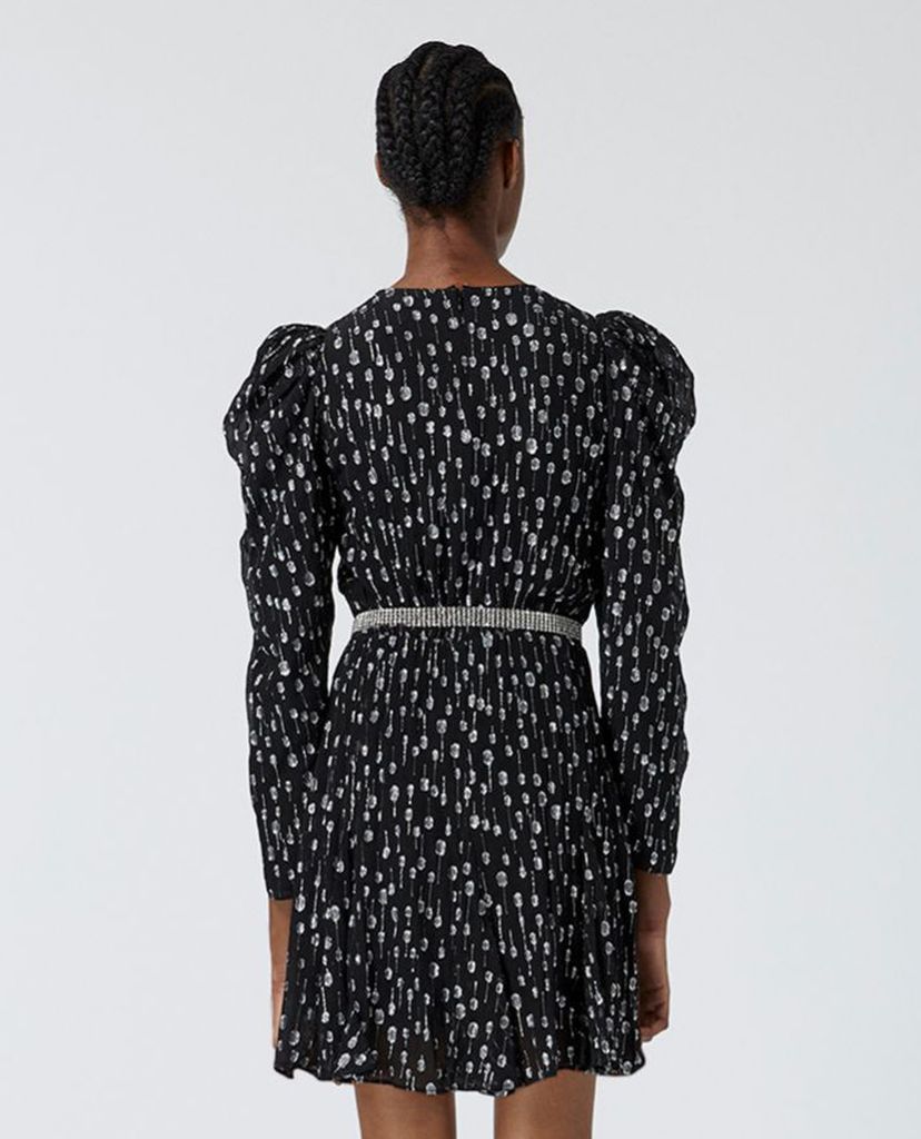 THE KOOPLES - Đầm mini cổ tròn tay dài phối thắt lưng bạc thời trang