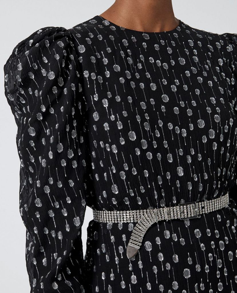 THE KOOPLES - Đầm mini cổ tròn tay dài phối thắt lưng bạc thời trang