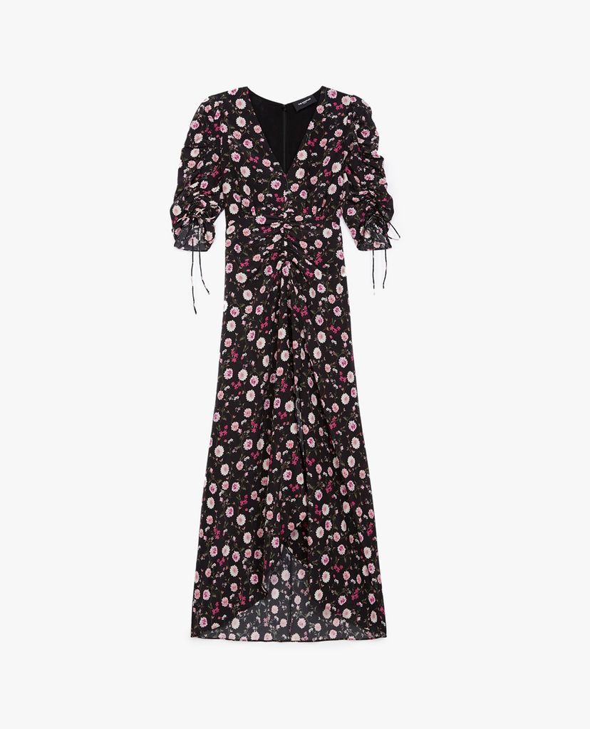 THE KOOPLES - Đầm midi cổ V rút dây Floral Print
