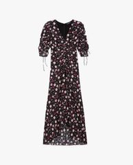 THE KOOPLES - Đầm midi cổ V rút dây Floral Print