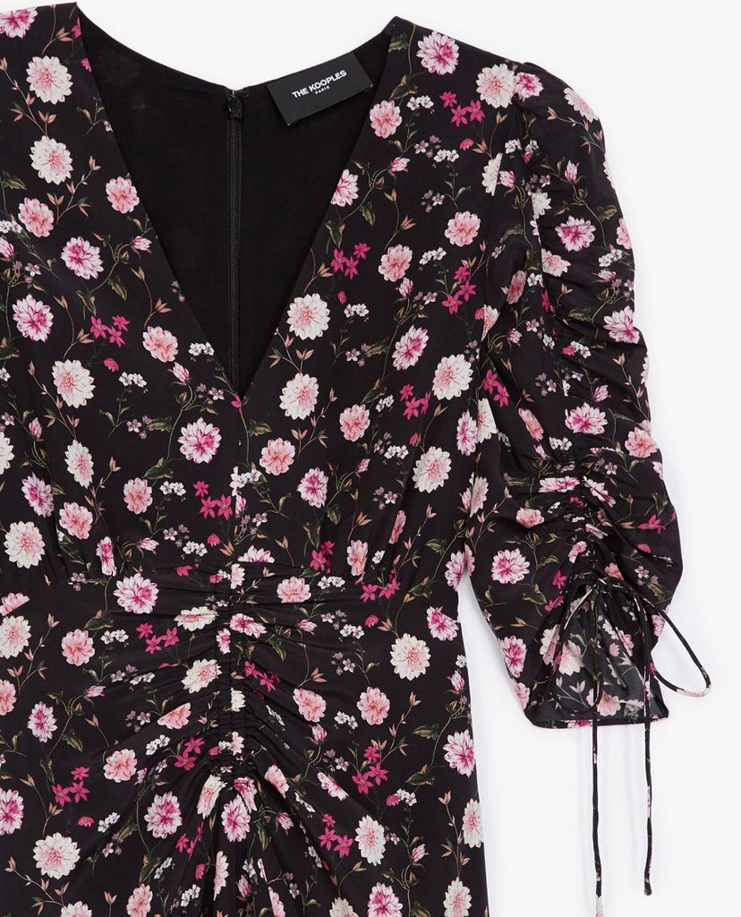 THE KOOPLES - Đầm midi cổ V rút dây Floral Print