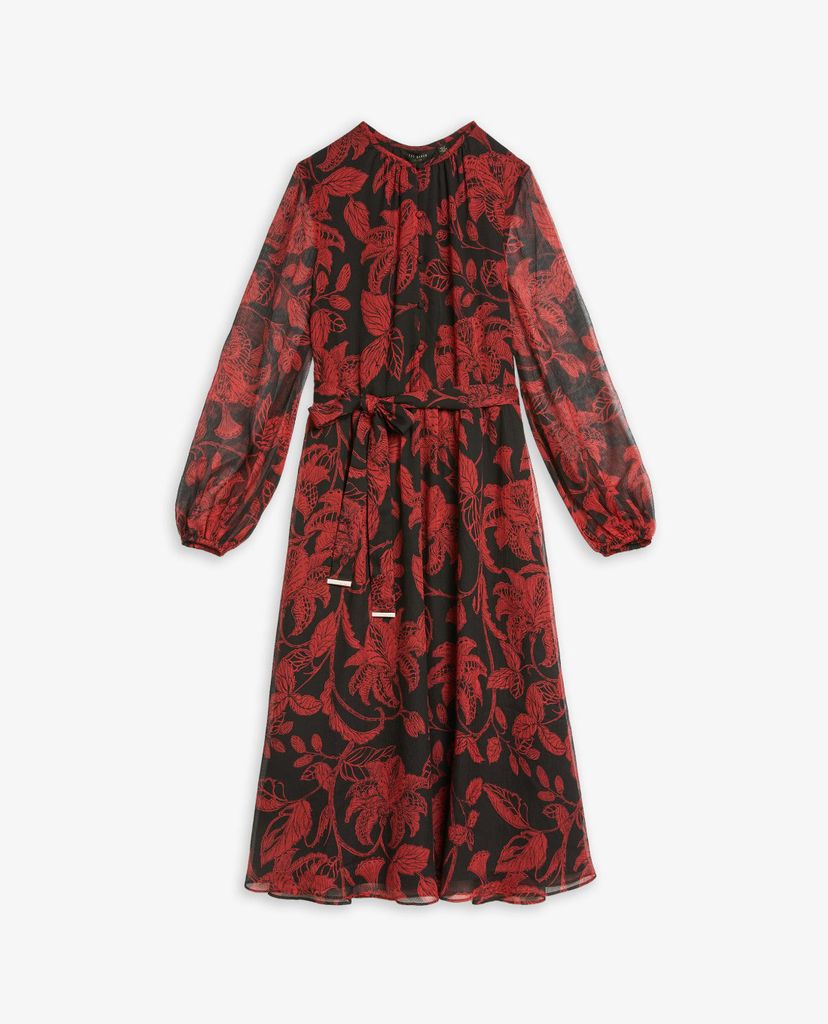 TED BAKER - Đầm midi tay dài cổ tròn phối thắt lưng Rococo Button Down