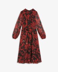 TED BAKER - Đầm midi tay dài cổ tròn phối thắt lưng Rococo Button Down
