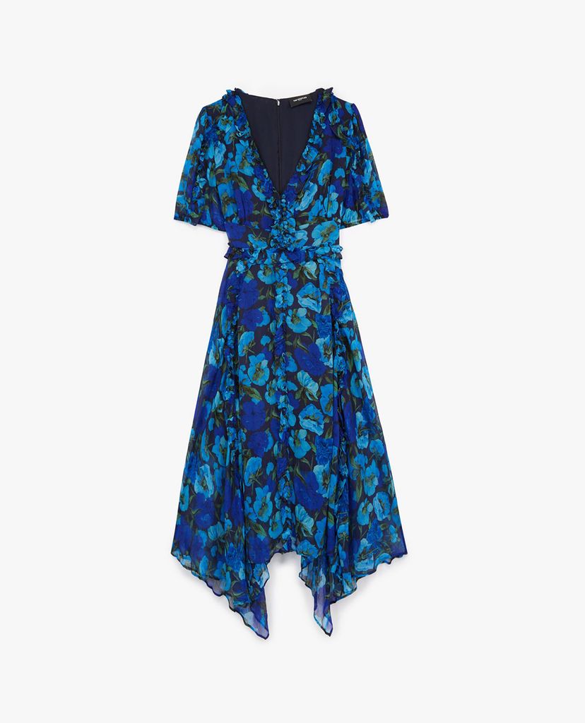 THE KOOPLES - Đầm midi cổ V viền bèo Blue Long Printed