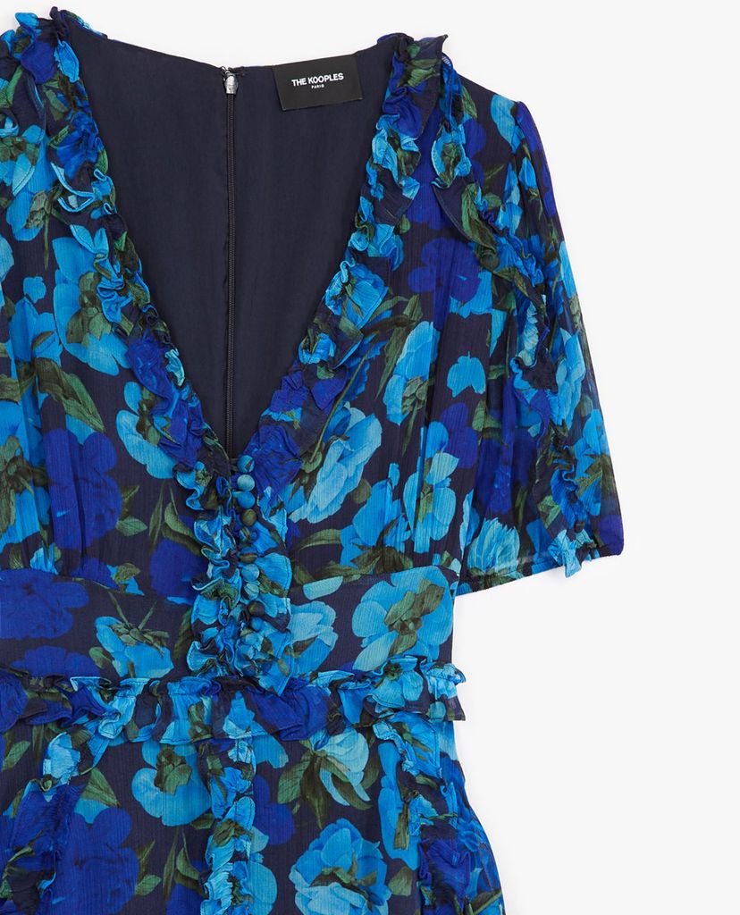 THE KOOPLES - Đầm midi cổ V viền bèo Blue Long Printed