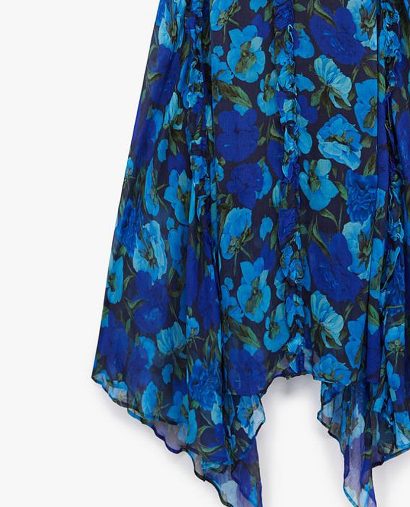 THE KOOPLES - Đầm midi cổ V viền bèo Blue Long Printed
