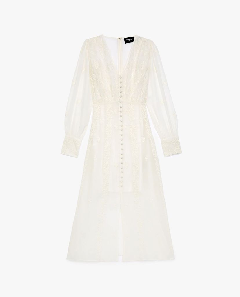 THE KOOPLES - Đầm midi cổ V tay dài White Embroidered