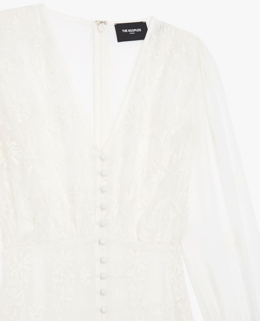 THE KOOPLES - Đầm midi cổ V tay dài White Embroidered