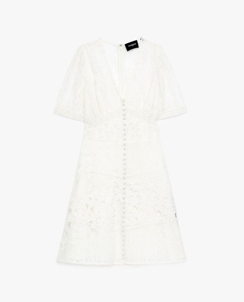THE KOOPLES - Đầm mini cổ V tay ngắn White Short Buttoned Lace