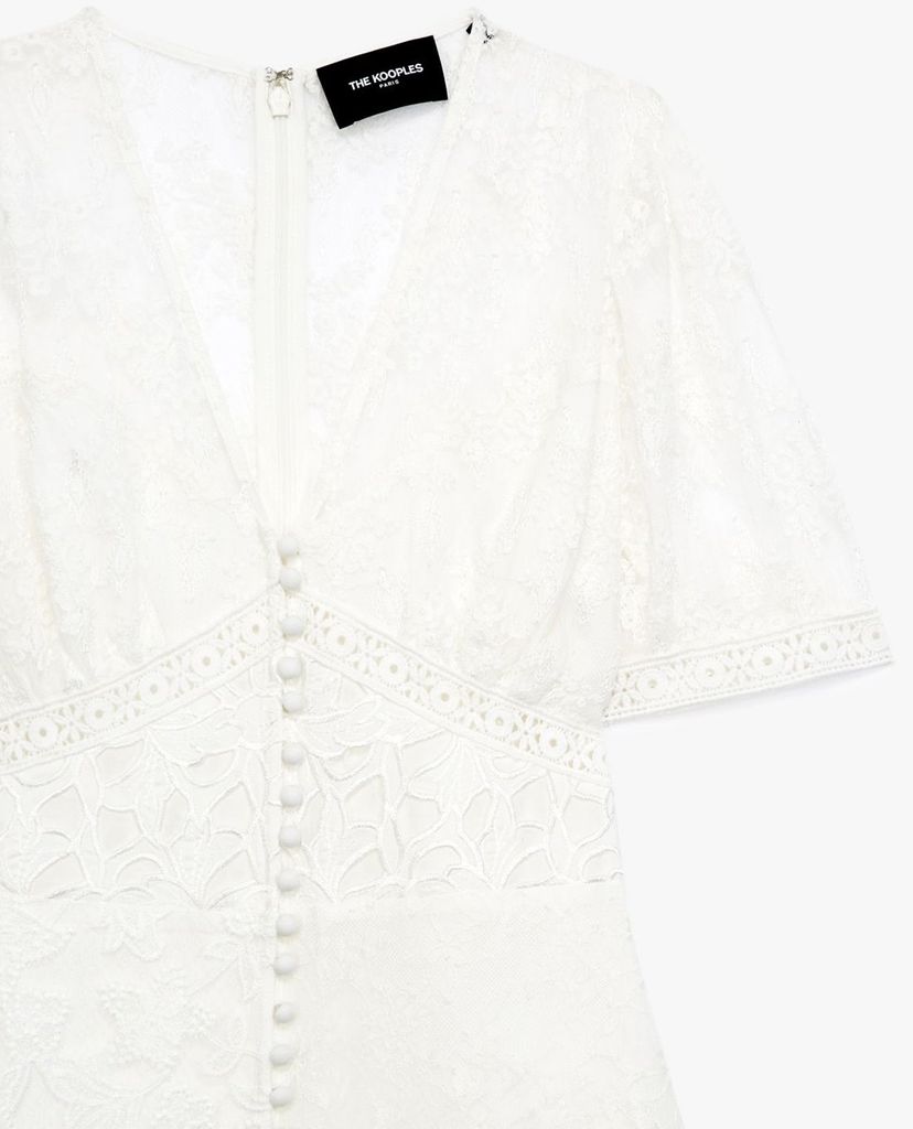 THE KOOPLES - Đầm mini cổ V tay ngắn White Short Buttoned Lace