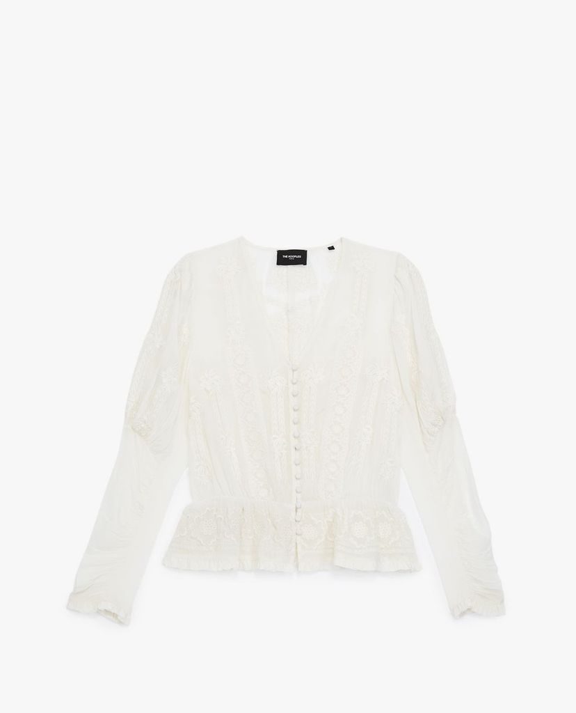 THE KOOPLES - Áo kiểu nữ tay dài cổ V Black Embroidered V Neck