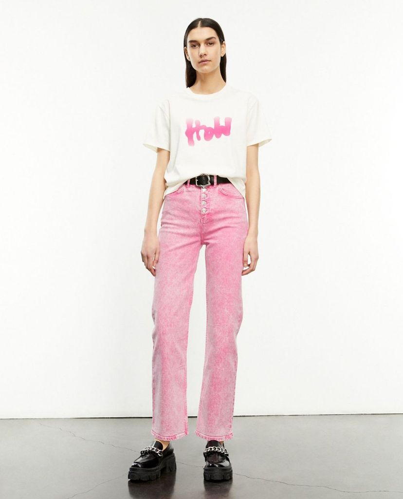 THE KOOPLES - Áo thun nữ cổ tròn tay ngắn Pink How Slogan