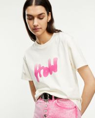 THE KOOPLES - Áo thun nữ cổ tròn tay ngắn Pink How Slogan