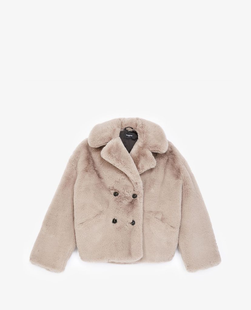 THE KOOPLES - Áo khoác lông nữ cổ bẻ Cropped Grey Faux Fur