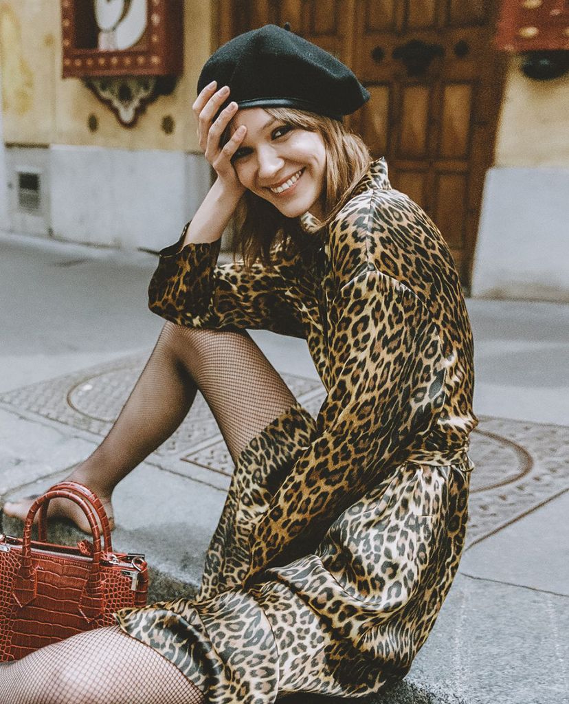 THE KOOPLES - Đầm midi tay dài cổ bẻ Leopard Print