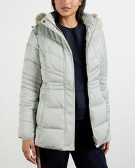 TED BAKER - Áo phao nữ dáng dài phối mũ trùm Fur Hood Puffa