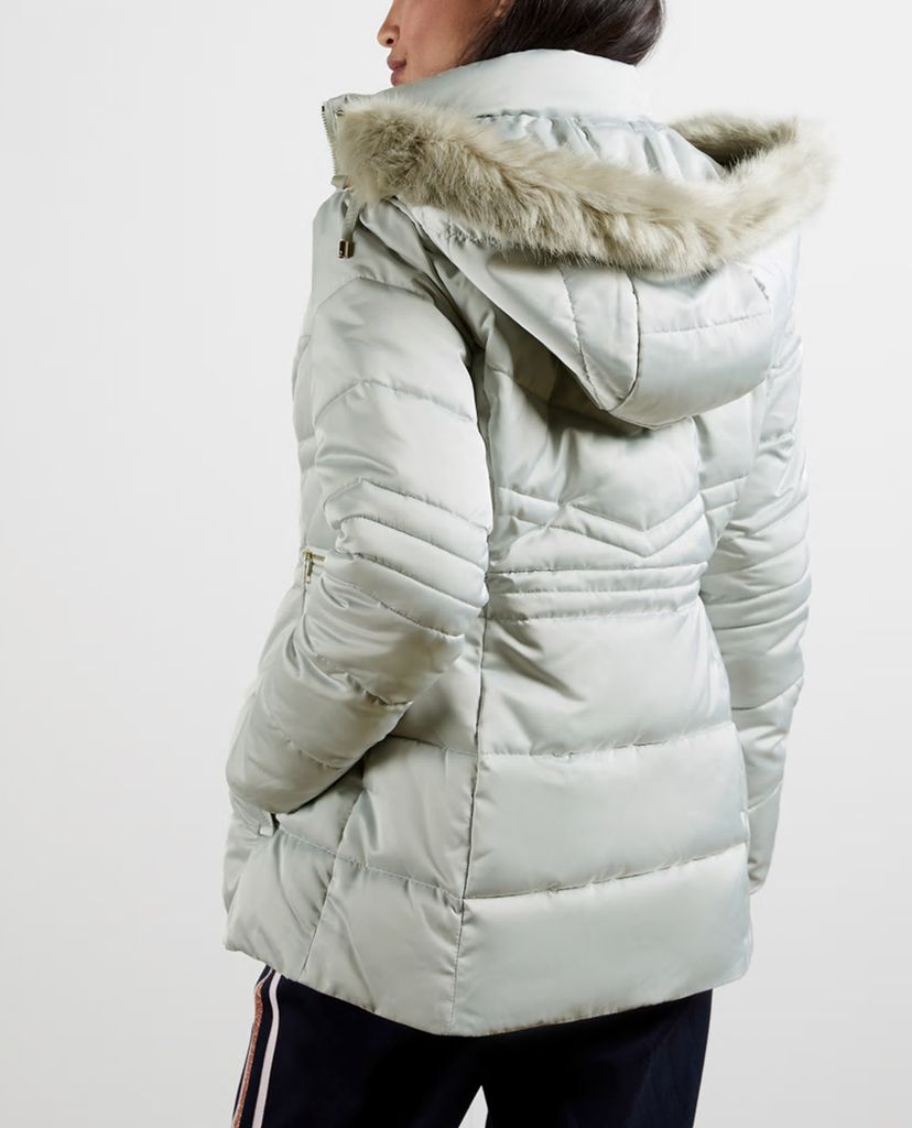 TED BAKER - Áo phao nữ dáng dài phối mũ trùm Fur Hood Puffa
