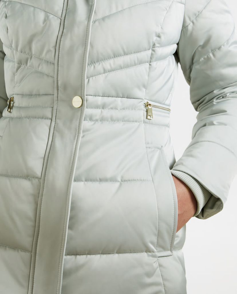 TED BAKER - Áo phao nữ dáng dài phối mũ trùm Fur Hood Puffa