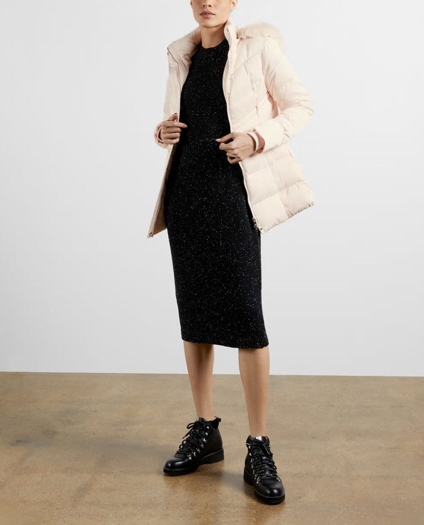 TED BAKER - Áo phao nữ dáng dài phối mũ trùm Fur Hood Puffa