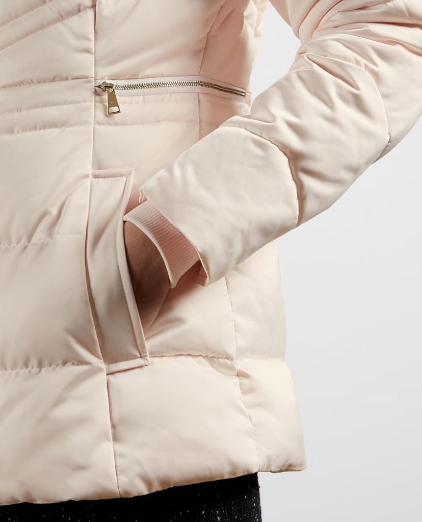TED BAKER - Áo phao nữ dáng dài phối mũ trùm Fur Hood Puffa