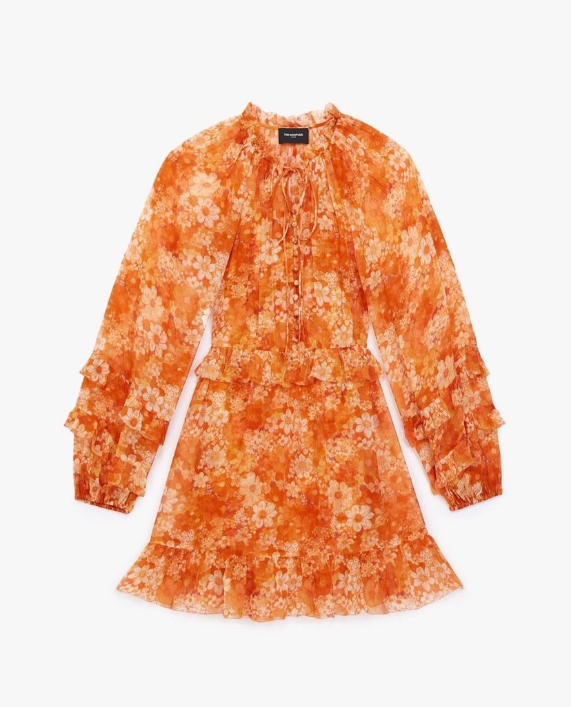 THE KOOPLES - Đầm mini cổ tròn tay dài Floral Ruffles