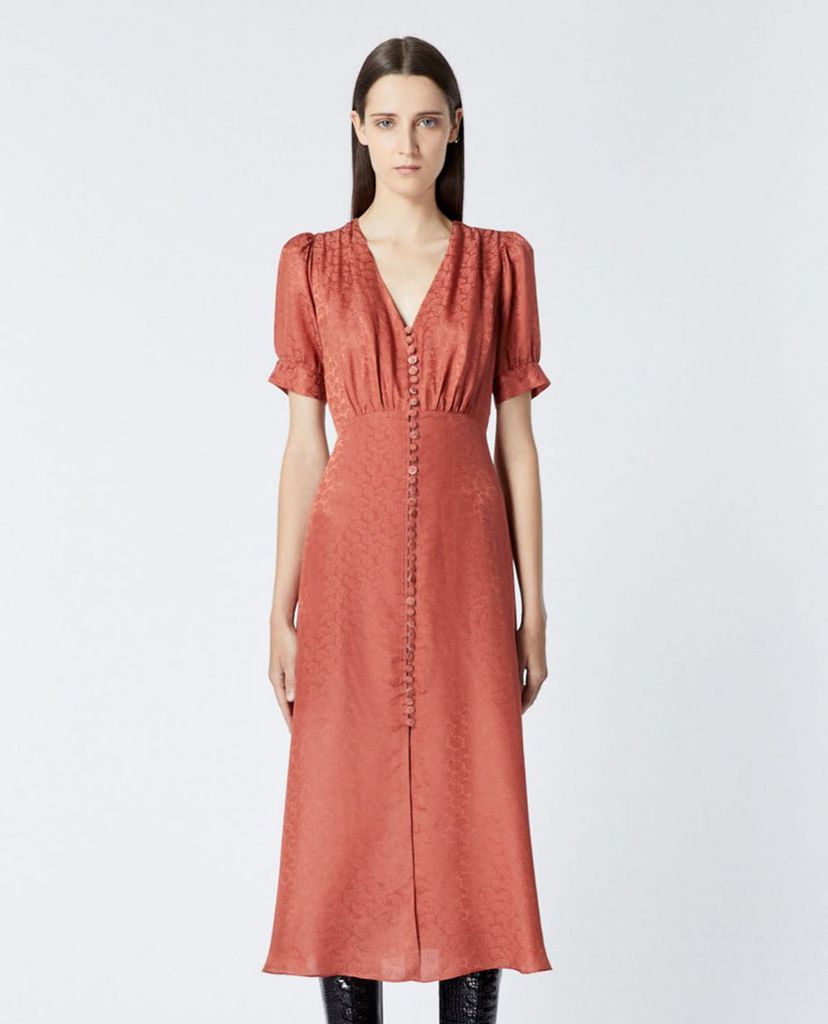 THE KOOPLES - Đầm midi cổ V tay ngắn phối nút bọc thời trang